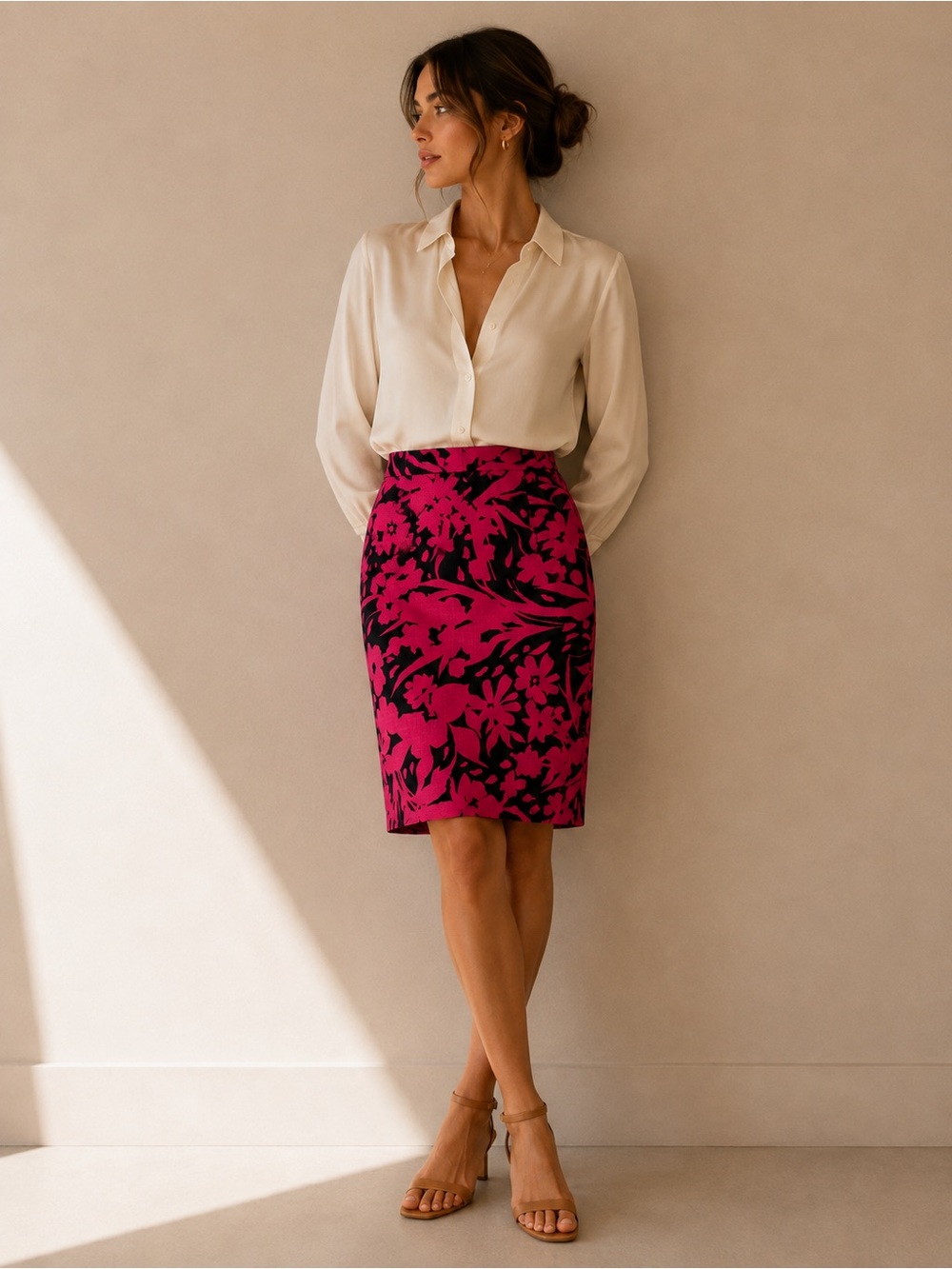 Fuchsia Floral Print Preppy Pencil Skirt Size 10